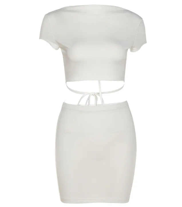

2021 summer new fashion sexy halter lace-up T-shirt + hip skirt suit