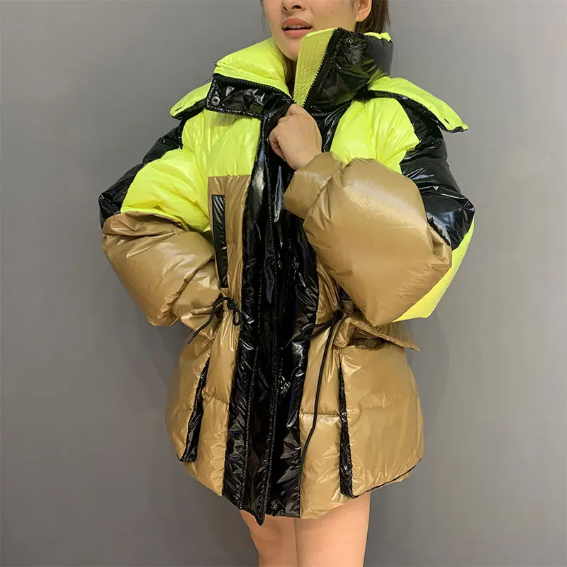 

Fad Winter Down Coat Contrast Color Glossy Vogue Short White Duck Down Jacket Women Thick Outerwear Warm Hooded Parka Clothes