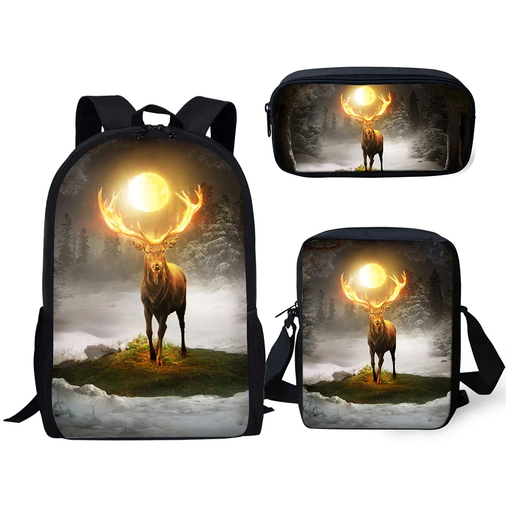 HaoYun 3PCs Set Kids School Backpack Fantasy Deer Pattern School Book Bag Cute Animal Prints Students Backpack/Flaps Bag/Pen Bag