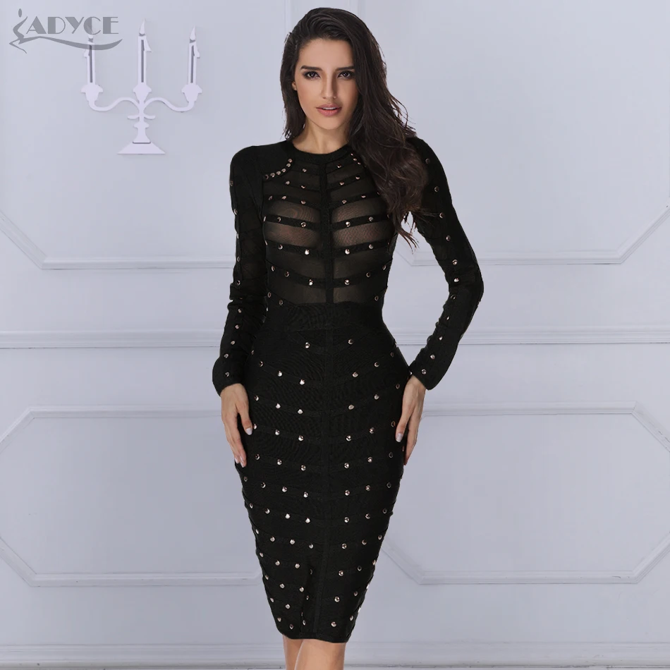 

2021 New Women Black Lace Bandage Dress Autumn Midi Long Sleeve Sexy Mesh Bead Club Celebrity Party Club Dresses