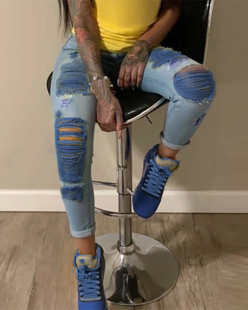 

2020 Fashion Women Summer Elegant Denim Colorblock Ripped Cutout Casual Pants Lady Plus Size Jeans Oversize Jeans