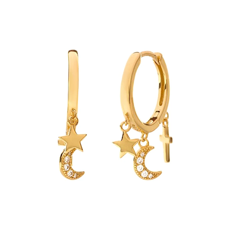 

AIDE Small Hoop Earring Crystal Moon Dangle Earring for Women 925 Sterling Silver Cross Star and Moon Huggies Earrings for Girls