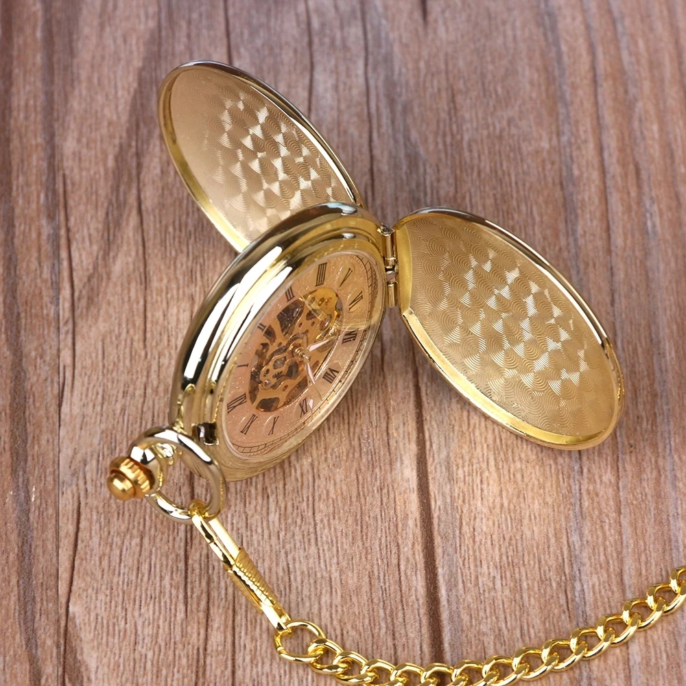 Vintage Golden Pocket&Fob Watches Full Double Hunter Mechanical Pocket Watches Engraved Men Women Pocket Watch Chain