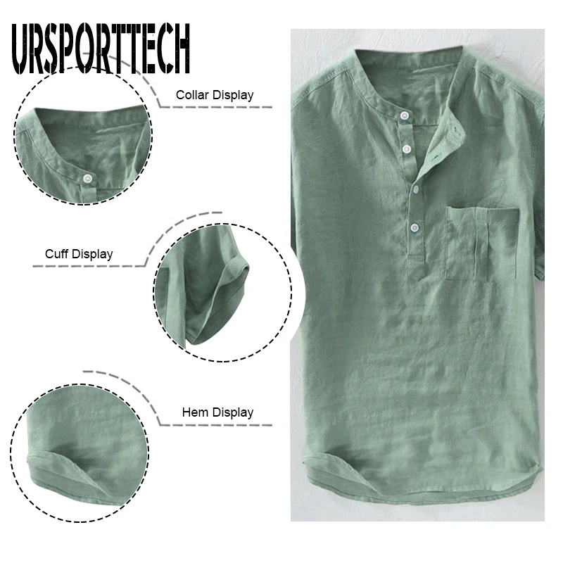 URSPORTTECH 2020 New Fashion Men's Cotton Linen Shirts Short Sleeve Summer Tee Casual Breathable Man Tops Blouse Plus Size M~4XL