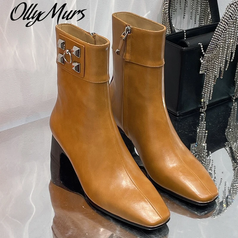 

Ollymurs Style Square Toe Leather Boots Autumn Brand Design High Heels Women Shoes New Fashion Ankle Zip Female Boots