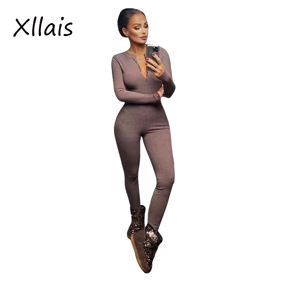

Женский трикотажный комбинезон XLLAIS, коричневый зимний комбинезон в рубчик с длинным рукавом и V-образным вырезом на молнии, повседневная же...