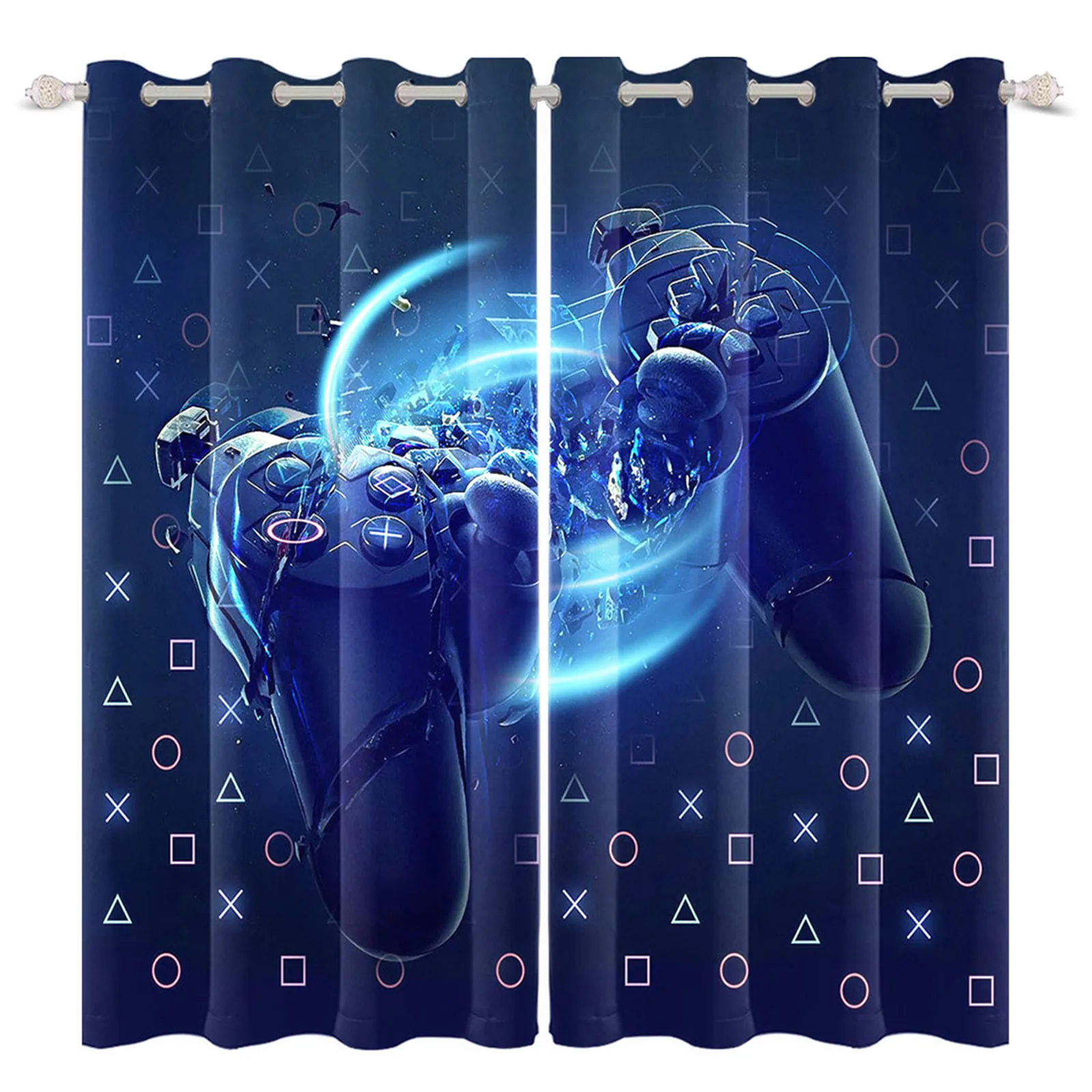 

3D Broken Black Gamepad With Geometric Background Curtain Perforated Blackout Curtains For Bedroom Living Room