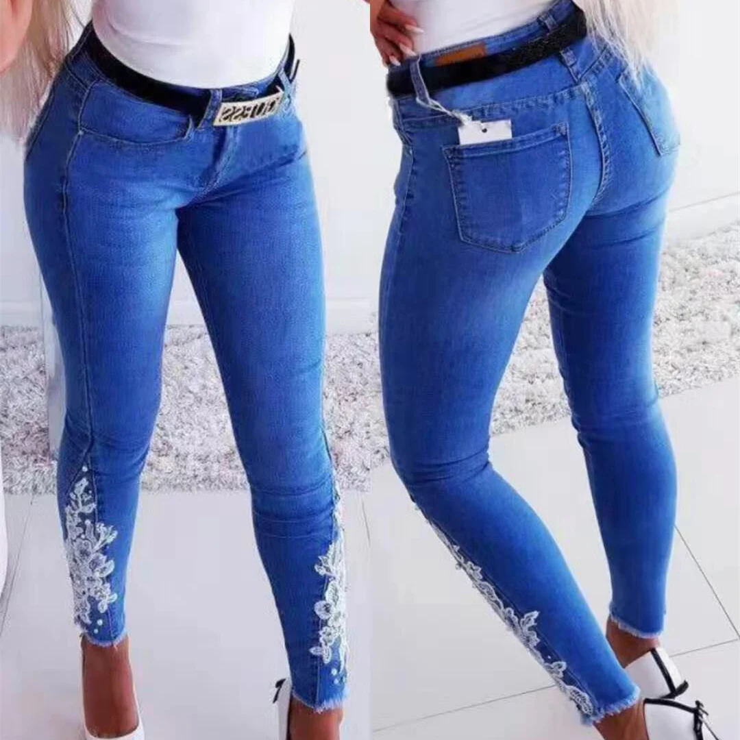 

Mandylandy Women's Fashion Denim Pants Embroidered Pants Stretch Pants Pencil Pants Slim Fit Skinny Jeans Trousers