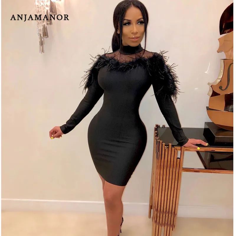 ANJAMANOR зимнее женское модное платье сетчатый с перьями длинным рукавом облегающее