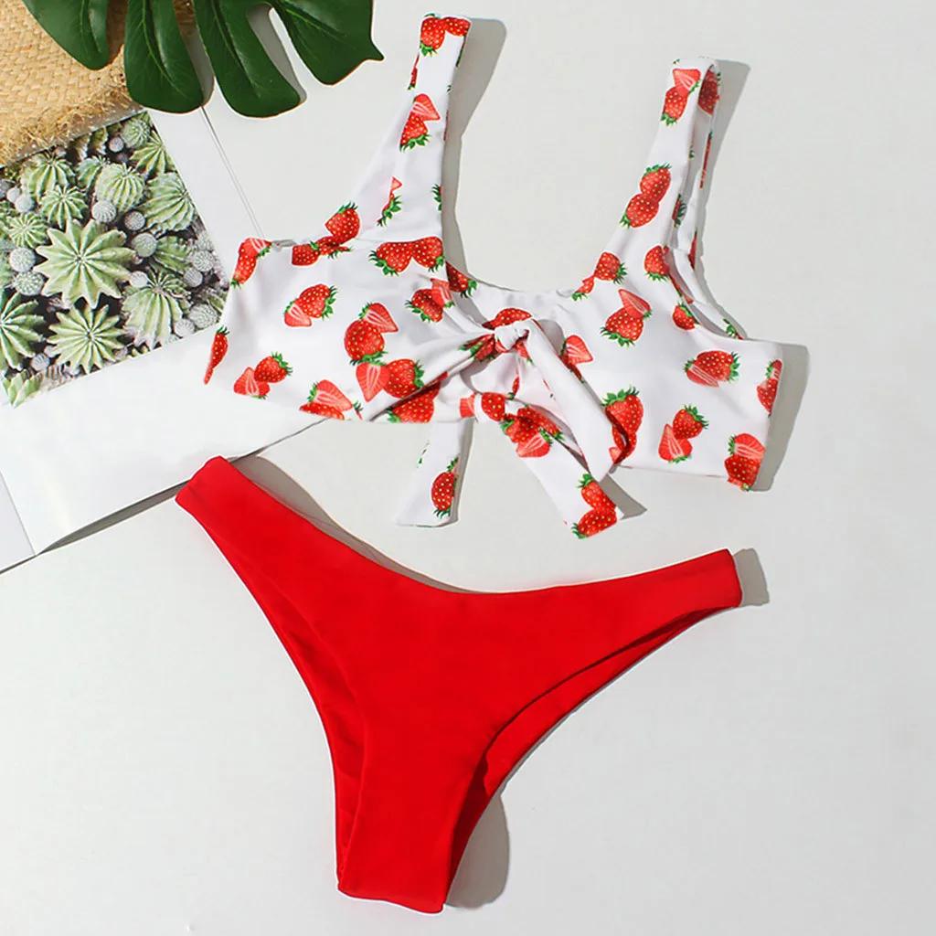 Бикини женский купальник с узлом спереди 2019 клубничный принт бразильский