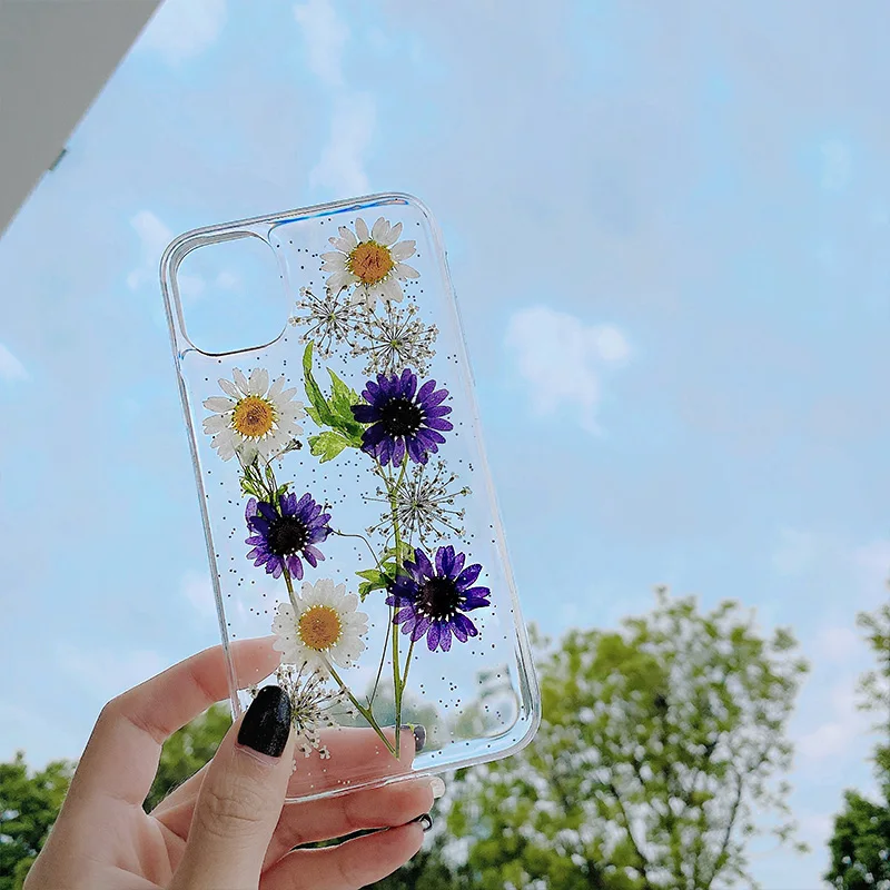 Прозрачный мягкий чехол из ТПУ с настоящими цветами для iPhone 11 12 pro max 12mini X XR XS Max 7 8
