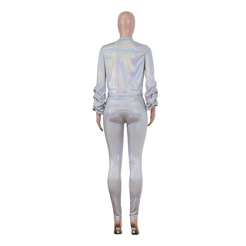 

Shiny Bronzing Two Piece Tracksuit Women Clothes Long Sleeve Zipper Up Jacket+ Strapless One Piece Jumpsuit 2 Piece Matching Set