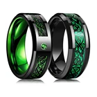 Модное мужское кольцо 8 мм из черного вольфрама, свадебное кольцо с кельтским драконом, инкрустированное зеленым цирконием, мужское кольцо в стиле панк из нержавеющей стали и углеродного волокна