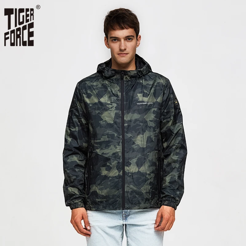 TIGER FORCE Spring Men Casual Jacket Hooded Camouflage with Print Men's Windbreaker Coat Male Army Camo Outwear|camouflage jacket|casual jacketmen
