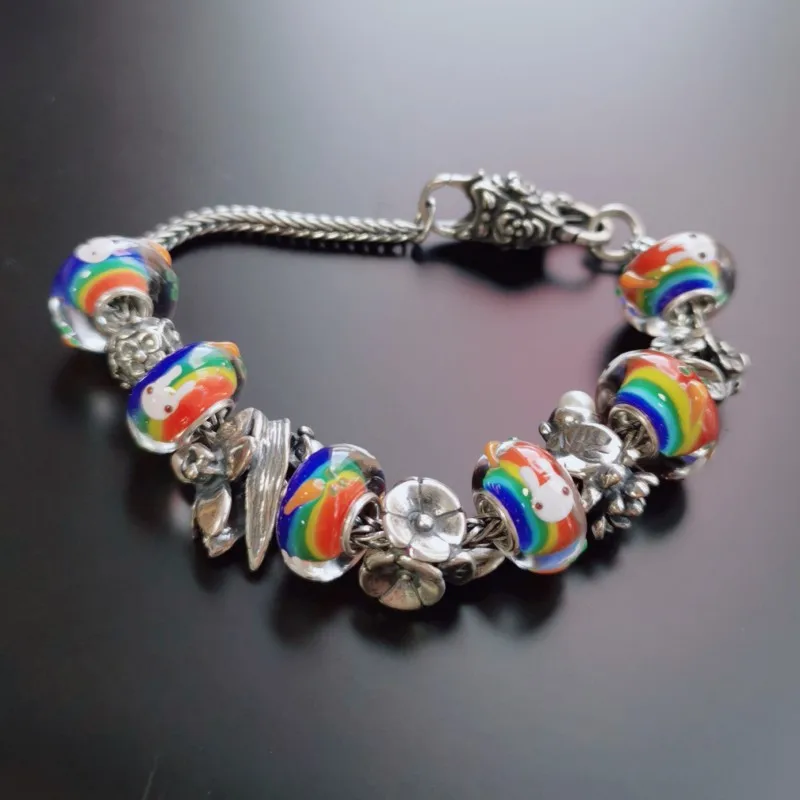Аутентичные 925 стерлингового серебра Радуга Цвет Мурано Стеклянные бусы амулеты