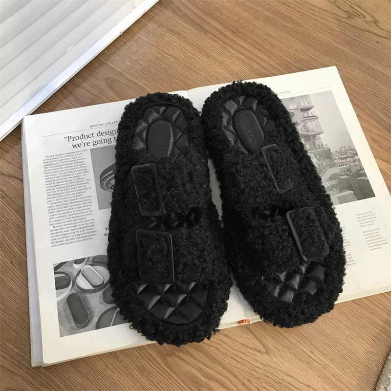 

Winter Women House Furry Slippers Fashion Faux Fur Warm Shoes Women Slip on Flats Female Home Slides Black Plush Indoor Outdoor