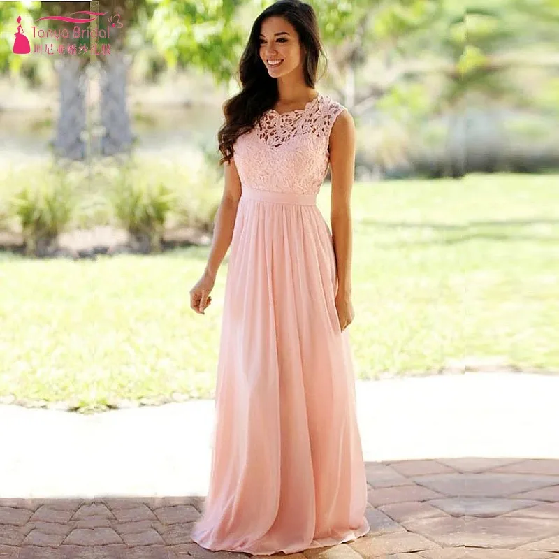 

Peach Pink Long Chiffon Lace Wedding Party Dress Bridesmaids Gown 03191158
