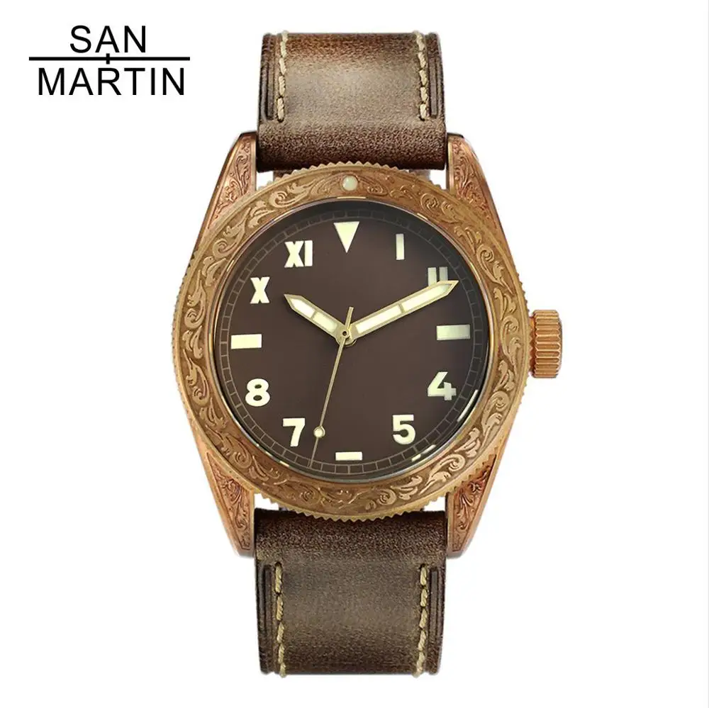 

San Martin Retro automatic Carved Bronze Men's Watches 50ATM Sapphire Glass Unisex Mechanical Male Wrist watch for Men Relojes