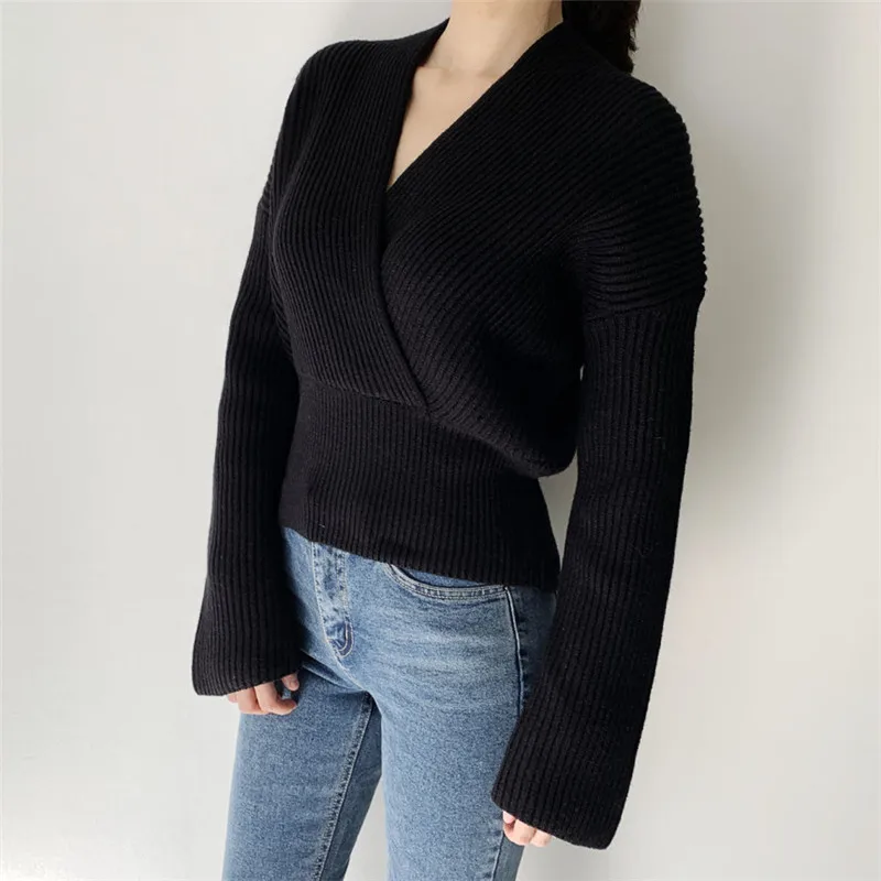 

new winter thick striped v-neck criss-cross basic bottoming sweater eleagnt fashion minimalist pullovers short slim winter tops