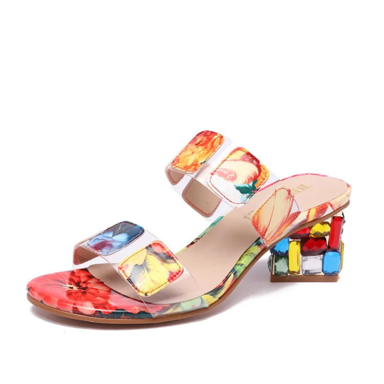 

Sandals women's summer 2020 new Rhinestone thick heel middle heel Bohemian women's Sandals Flip Flop