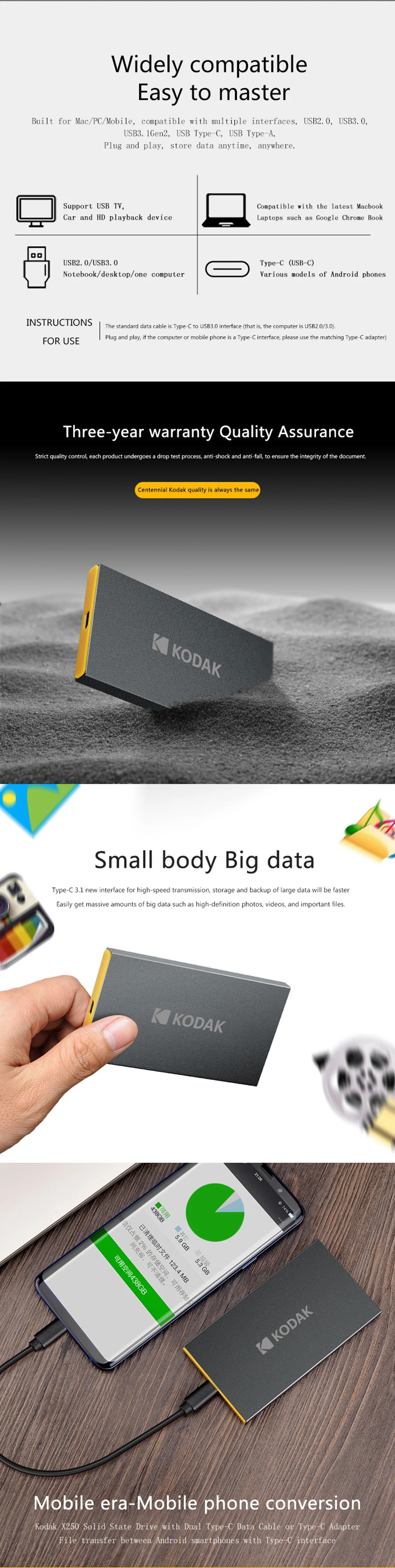 Kodak внешний жесткий диск X250 120 ГБ 240 ГБ ssd жесткий диск 480 ГБ Портативный SSD 960 ГБ hdd для ноутбука с USB 3,1 типа C