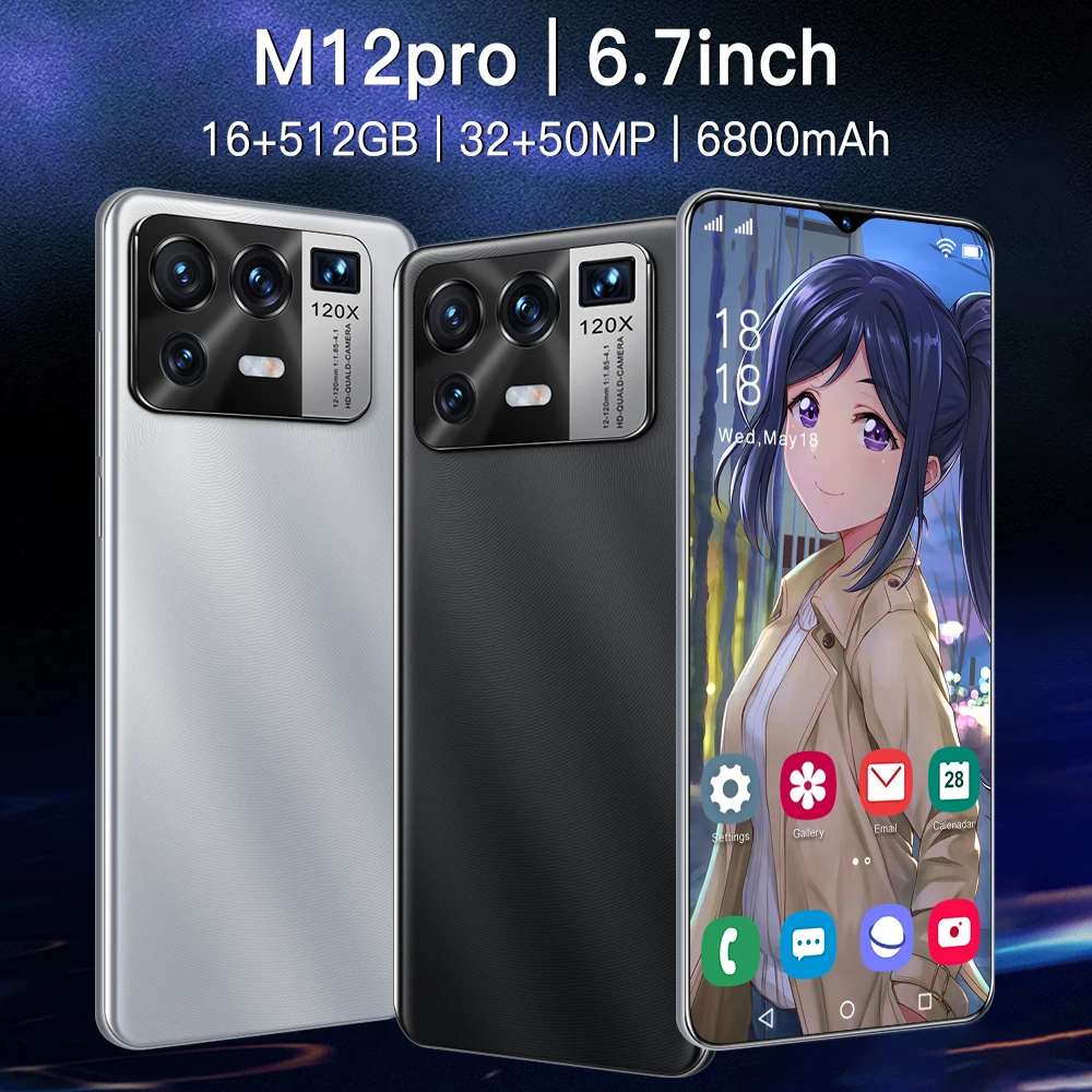 

New Global Version M12 Pro 5G Cell Phone 16+512GB Andriod11 6800mAh Big Battery 32+50MP MTK6889 Face ID Smartphones 2021