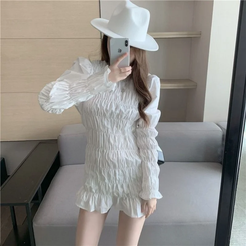 

Long Sleeve Dress Women Elegant Fashion Mini Dresses Pleated Design Harajuku Vestido Streetwear Sexy Woman Party Casual Simple