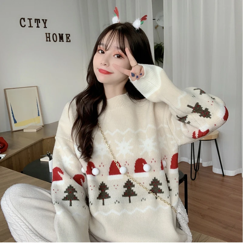 

2021 Spring Autumn Snowflake Christmas Sweater Women Knit Jumper Korean Loose Vintage Long Sleeve Harajuku Warm Knitwear Sweater