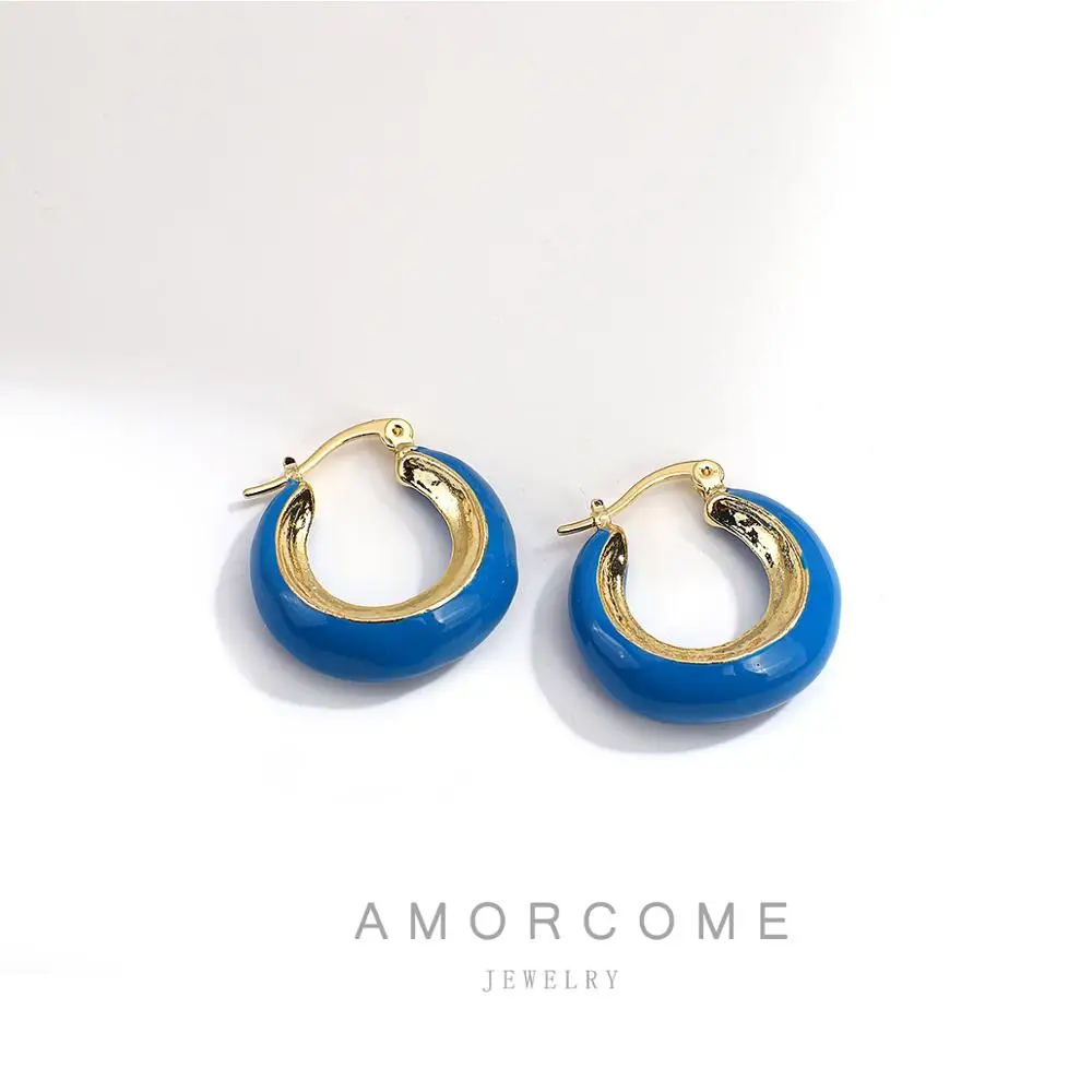 

AMORCOME Fashion Enamel Blue White Huggie Hoop Earrings for Women 2020 Brincos Circle Round Earrings Statement Jewelry Gift