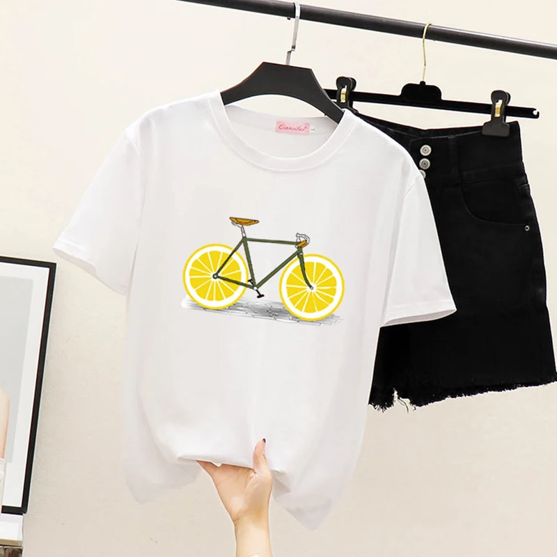 Летняя новая футболка модная повседневная с принтом лимонного велосипеда