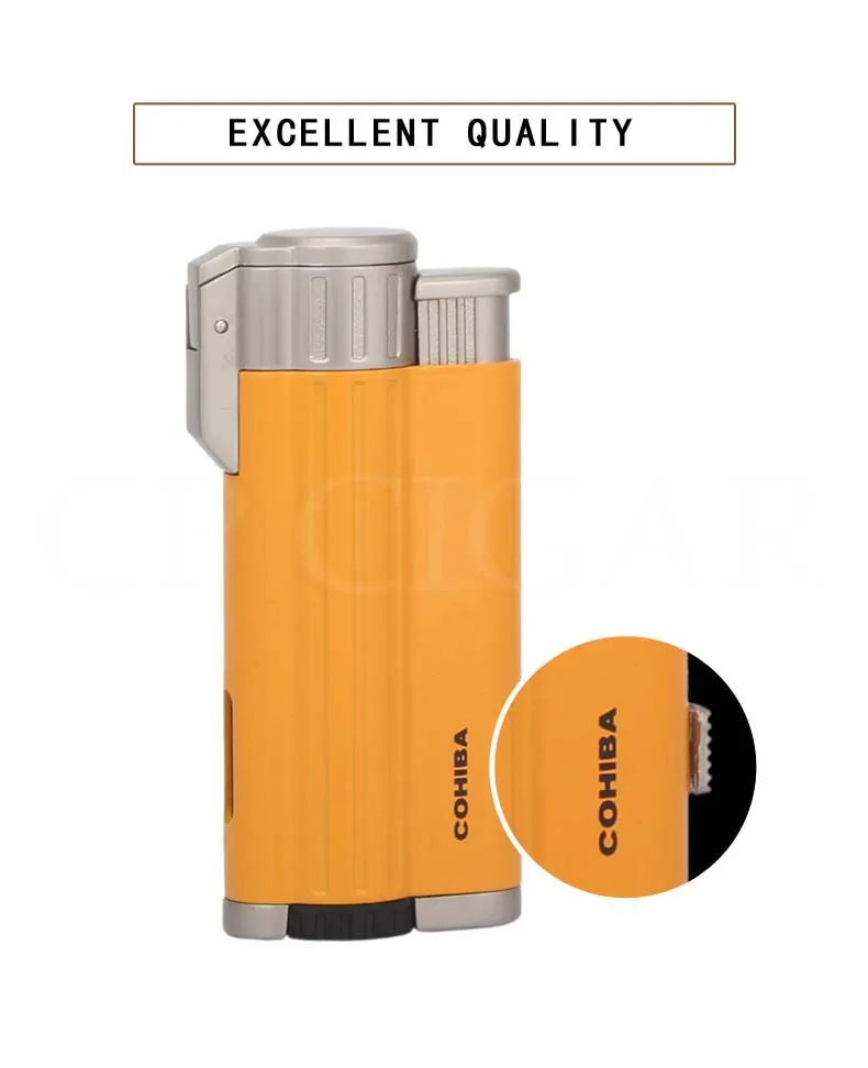 COHIBA карманные зажигалки для сигар 3 струйный фонарь ветрозащитная зажигалка бутан металлическая портативная Зажигалка для прикуривателя многоразовая W/Подарочная коробка