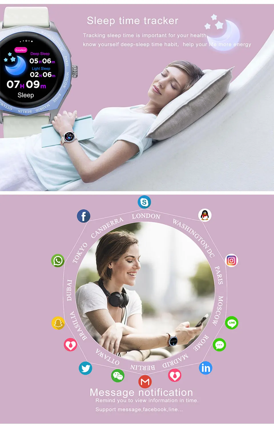 ELFTEAR V18 Смарт-часы для женщин Полный Круглый сенсорный экран леди Smartwatch изменение цвета ремешок мониторинг сердечного ритма для Apple Watch