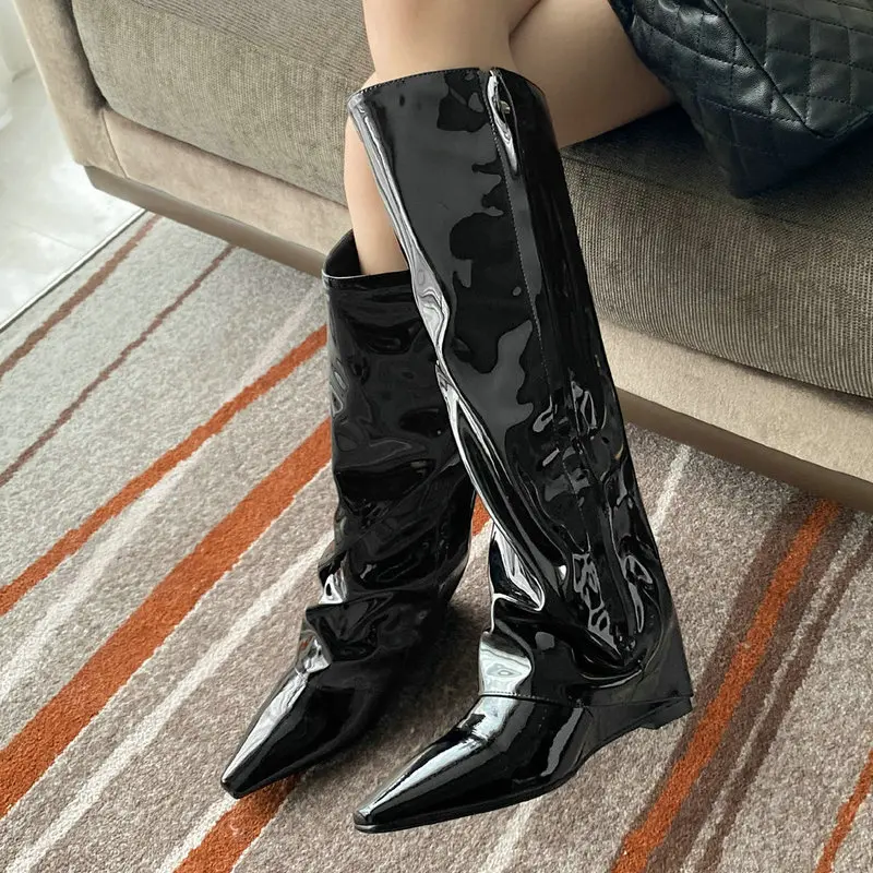 

Genuine Leather Bomb Skirt Boots Women Fashoin Comfort Square Toe Wedge Heel Zip Knee Boots Green Mirror Patent Leather Shoes