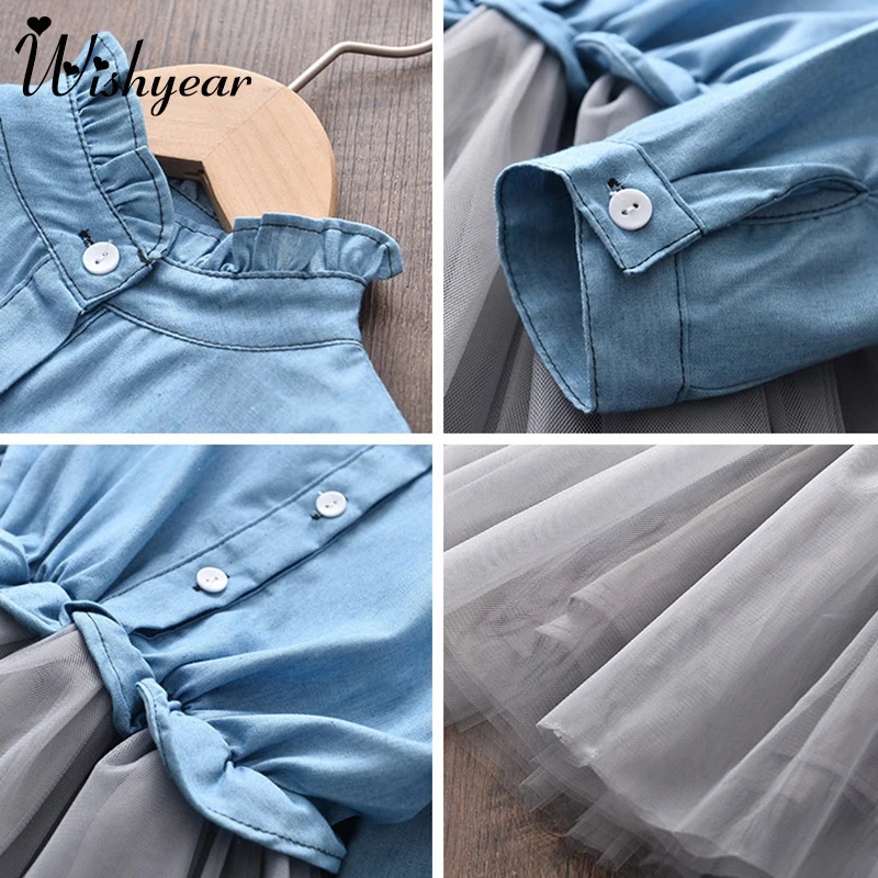 

Kid Girl Denim Mesh Patchwork Dress 2020 Autumn Fashion Long Sleeve Children Clothing Princess Dress Button 2-8 Years Girl Dress