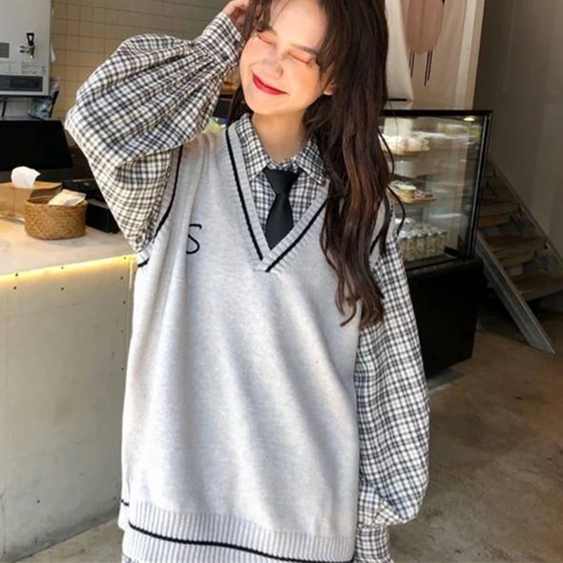 

Sweater Vests Women V-neck Preppy Sleeveless Sweaters Student Baggy BF Harajuku Ins Knitted Tops Korean Style Sweet Vests Female