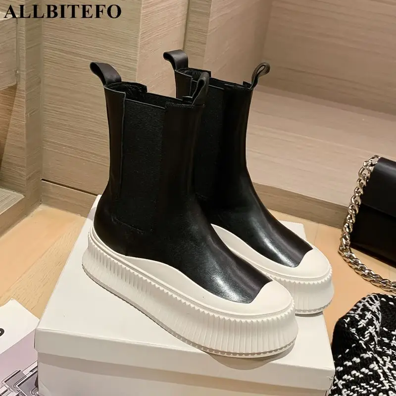 

ALLBITEFO White Thick Bottom Fashion Soft Genuine Leather High Top Women Boots Platform Winter Shoes Girls Female Ankle Boots