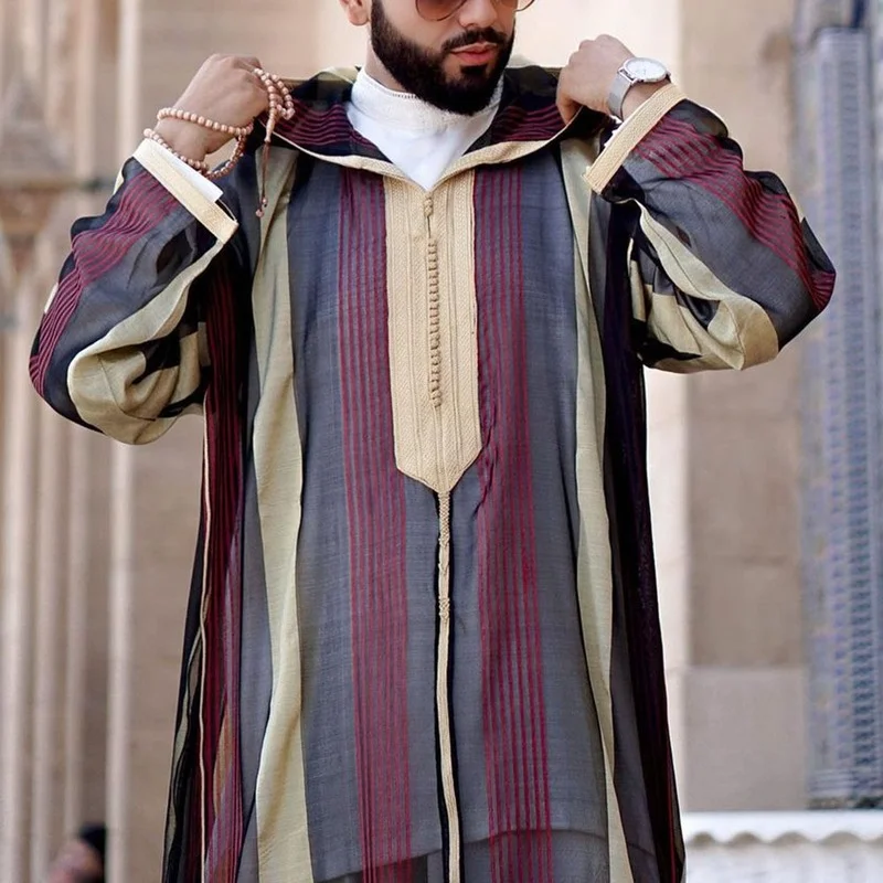 New Striped Men Jubba Thobe Dubai Muslim Islamic Clothing Long Robe Saudi Musulman Abaya Caftan Islam Dubai Arab Dressing Mens