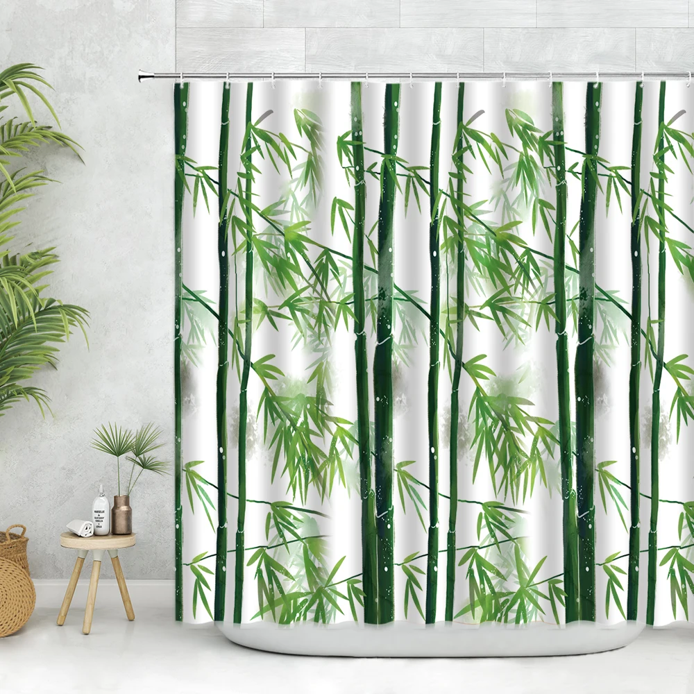 

Green Bamboo Shower Curtain Fabric With Hooks Eative Minimalist style White Decor Creative Home Decor Bathroom Curtains Set