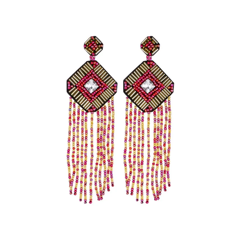Богемные разноцветные украшенные бисером серьги с бахромой увеличенный Дизайн