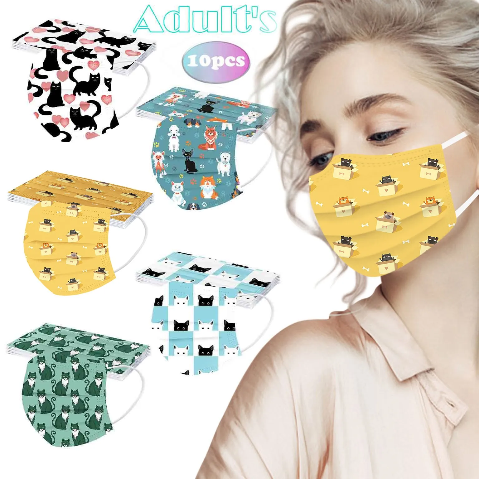 Маска Защитная унисекс с принтом черного кота 20 шт. 3-слойная одноразовая |