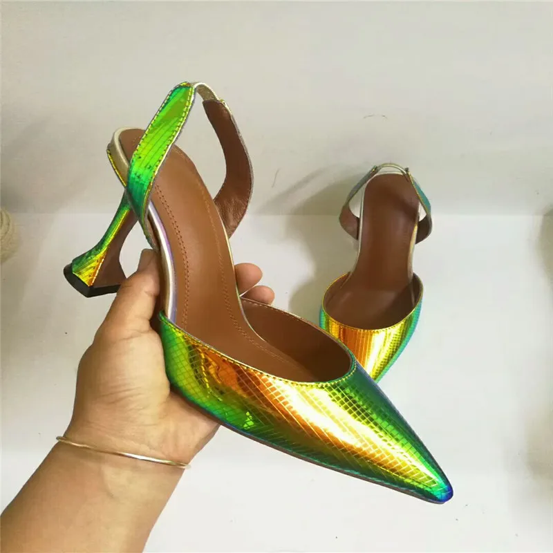 Женские туфли-лодочки золотого и зеленого цвета босоножки слингбэк пикантная