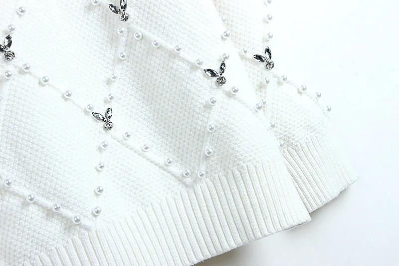 

Fashion Autumn Sweater women Pullover White Beading Casual Knitted Sweater Korean Diamonds Chic Female pull femme nouveaute 2020