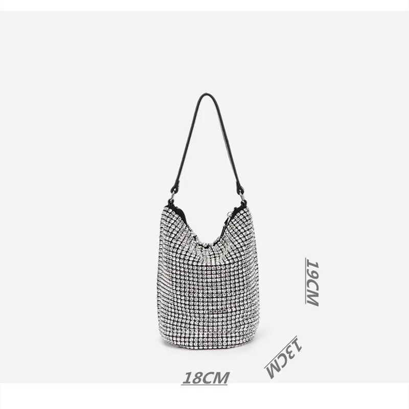 

Women New Fashion Handmade Shining Full Rhinestones Soft Leather Shining Bucket Bag Handbag Shoulder Crossbody Bag Party Daily