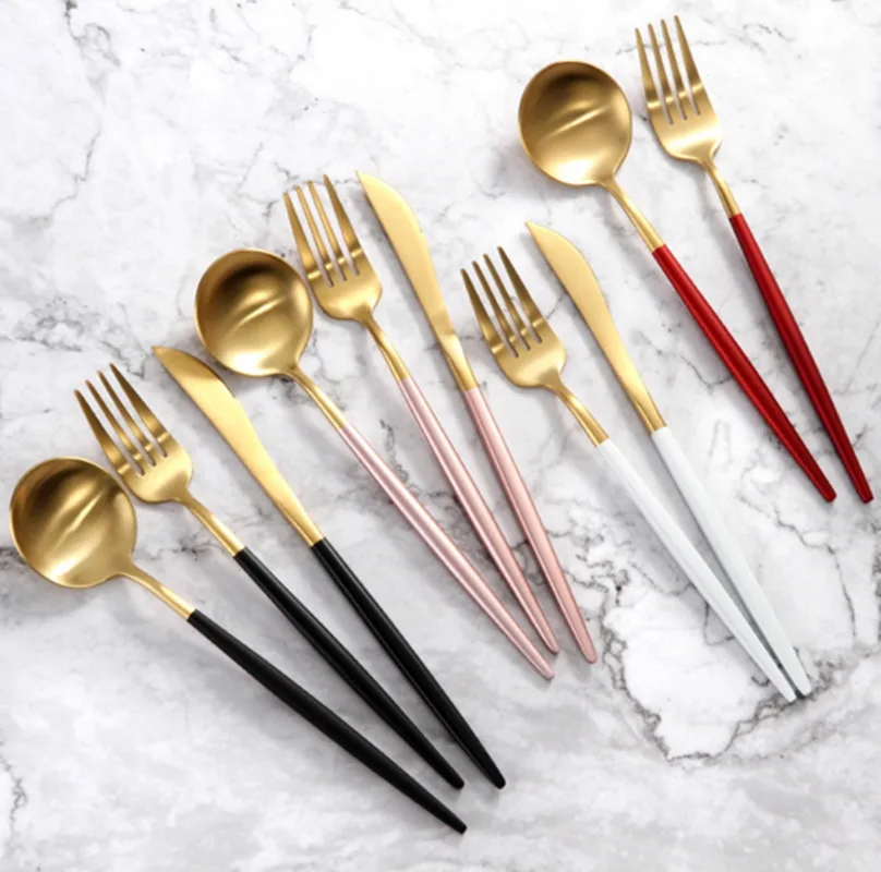 

4pcs/set Portuguese Style Cutlery 304 Stainless Steel Fork Knife Spoon Gold Black Red Blue Pink White Dinnerware Tableware