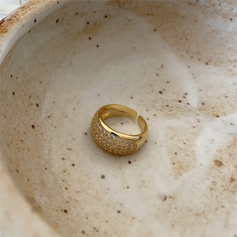 

YIKUF88 S925 Sterling Silver Women Open Zircon Ring Wide Face Zircon Arc Ring Female Open Ring for Women