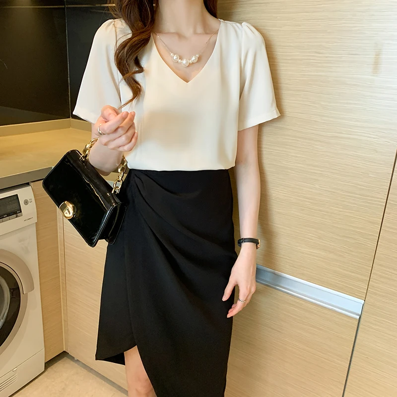

Blusas Blouses Summer Short Sleeve White Blouse Women Blusas Mujer De Moda 2021 V-Neck Chiffon Blouse Shirt Tops Women Top E897
