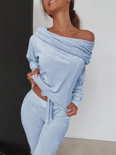 

Wholesale Hot Sale Classic Streetwear Women Two Piece Set Solid Color Slash Neck Off Shoulder T-shirt And Pencil Trousers Outfit