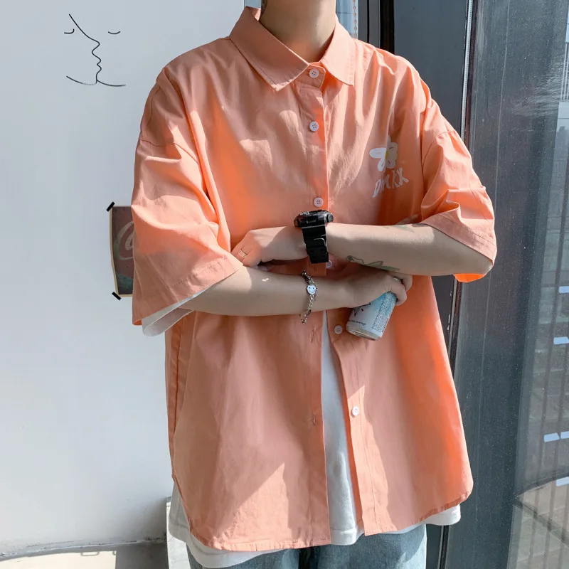 

Streetwear Shirt Men Solid Print Plus Size Short Sleeve Shirts Loose Summer Fashion Casual Korean Shirt Mens Tops Clothes 2021