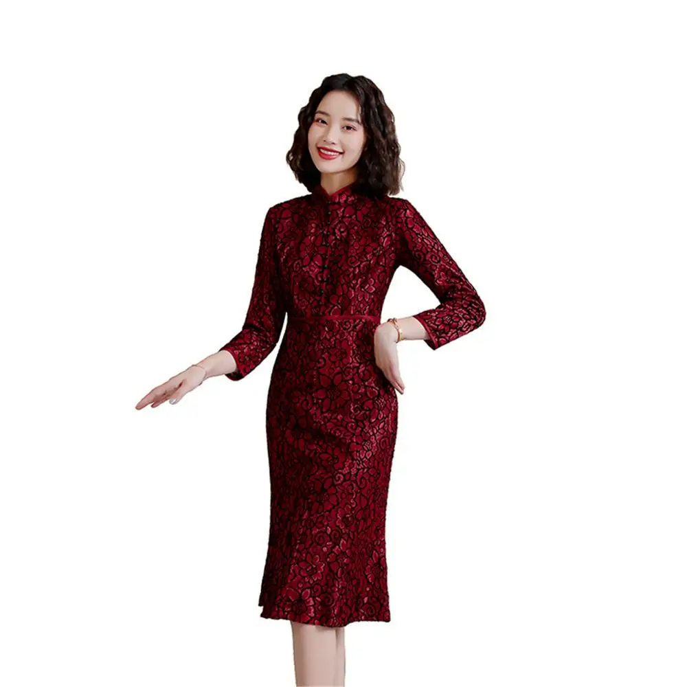 

Женское платье с длинным рукавом, винно-Красное Кружевное платье-Ципао до колен в стиле Шанхая