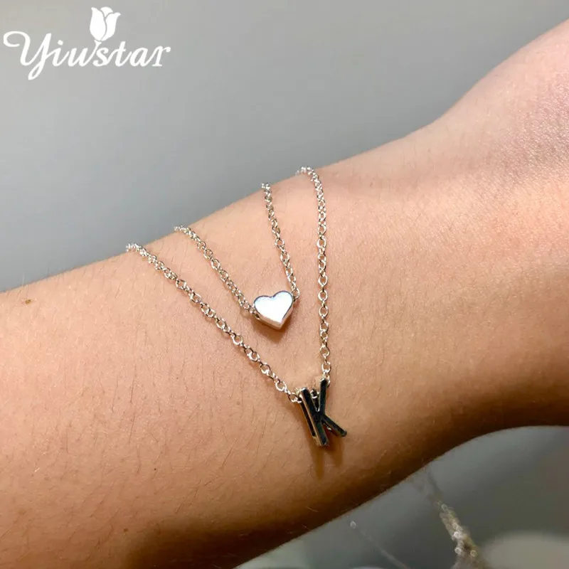 Новое корейское ожерелье Yiustar с инициалом имени Двухслойное сердечком и надписью